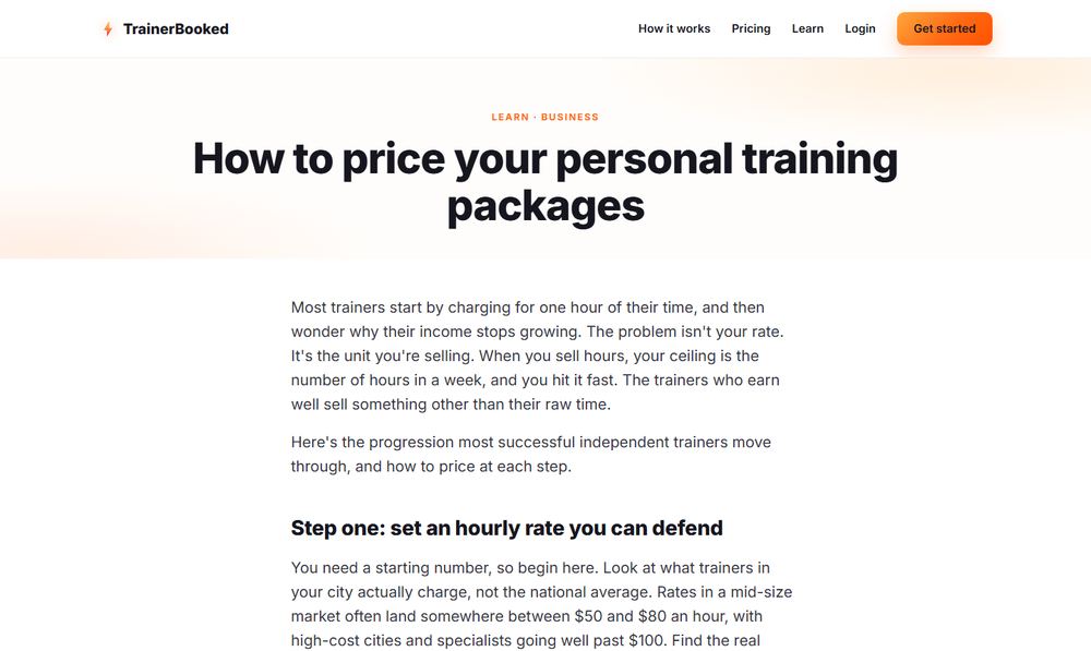 The same TrainerBooked article now, with larger text and shorter lines.