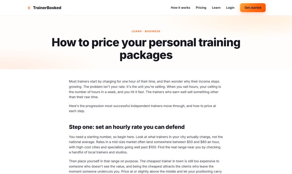 The TrainerBooked pricing article before the fix, with small text and long lines.