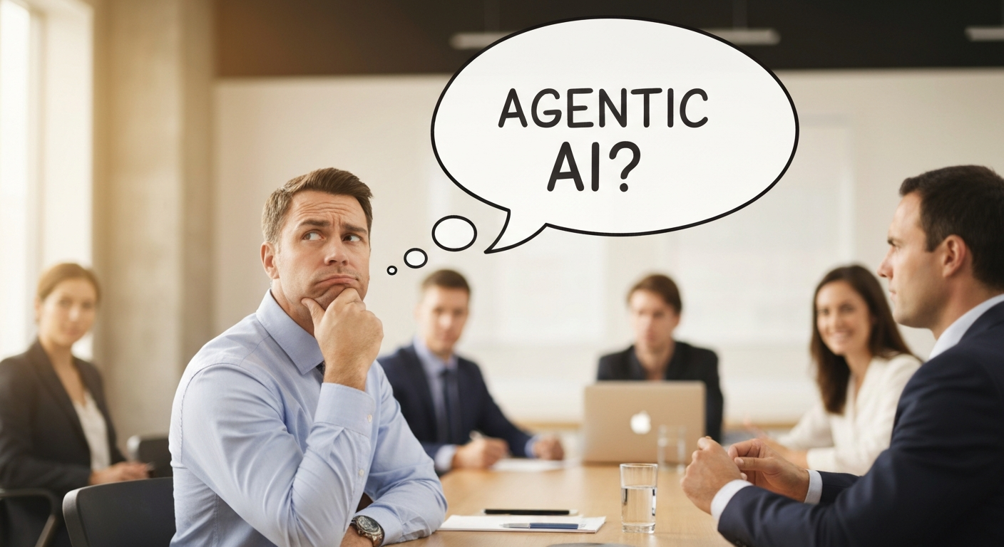 Business professional in a meeting looking confused, with a thought bubble asking 'Agentic AI?'