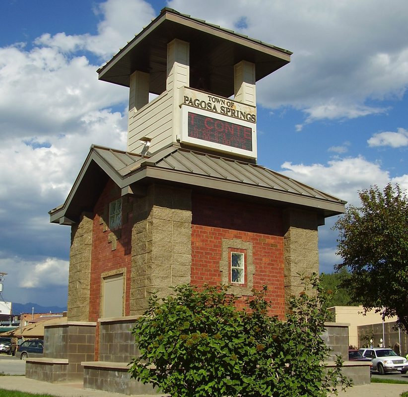 Pagosa Springs, Colorado, the historic downtown with San Juan Mountains in the background